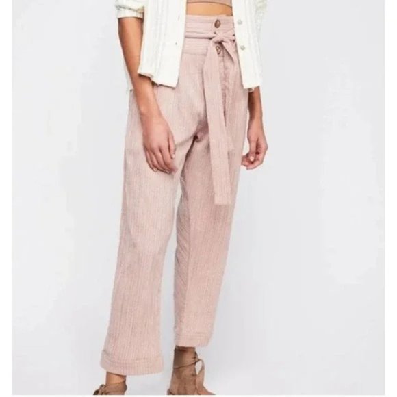 Free People Rumors Yarn Dye Harem High Waist Ankle Pants Belt Boho Striped Sz 4 - Picture 1 of 10